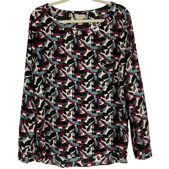 LOFT Outlet Red, Black, & Blue Floral Tab or Long Sleeve Blouse Top, XL, Hi/Lo - Picture 1 of 10